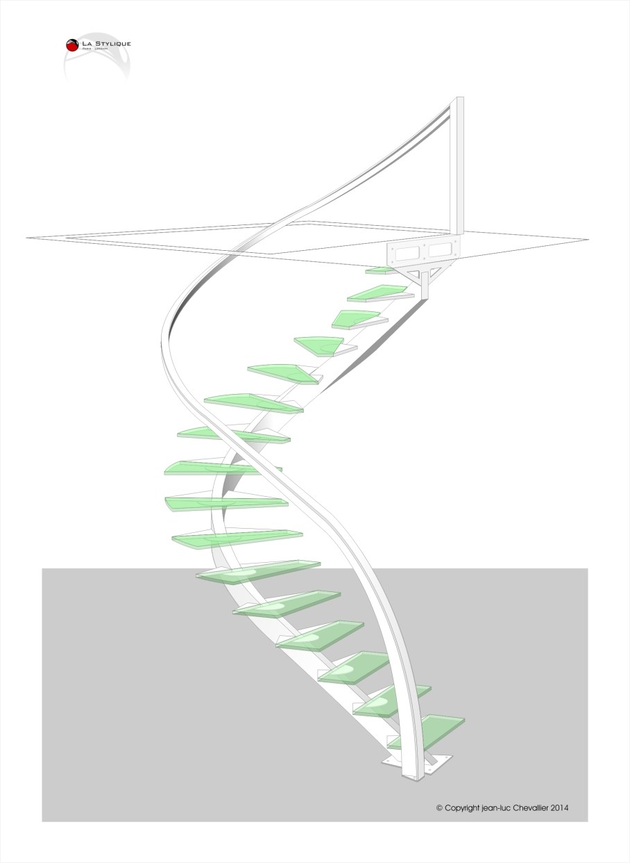 Escalier débillardé marche en verre suspendue